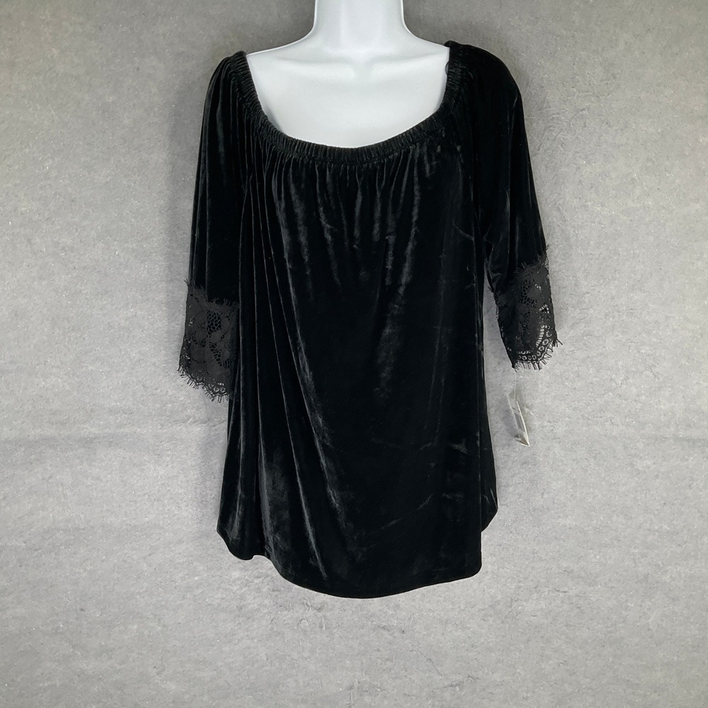 Whimsigoth Black Velvet Lace Trim Off Shoulder 3/4 Sleeve Top Sz L Goth Grunge